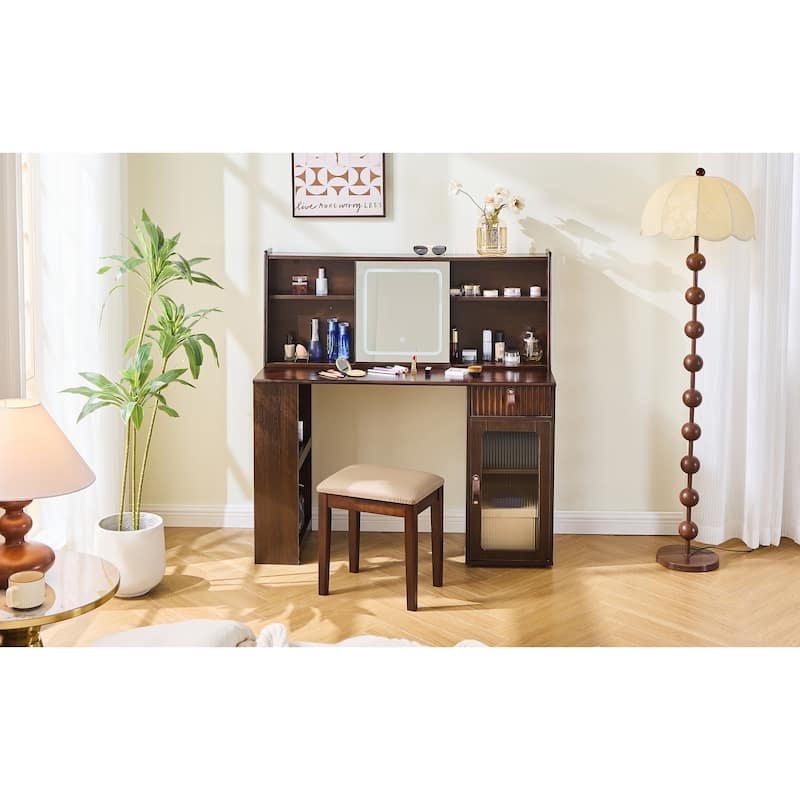 Elegant makeup vanity desk with 3 modes Adjustable Lighted Mirror,modern dressing table set with large shelves