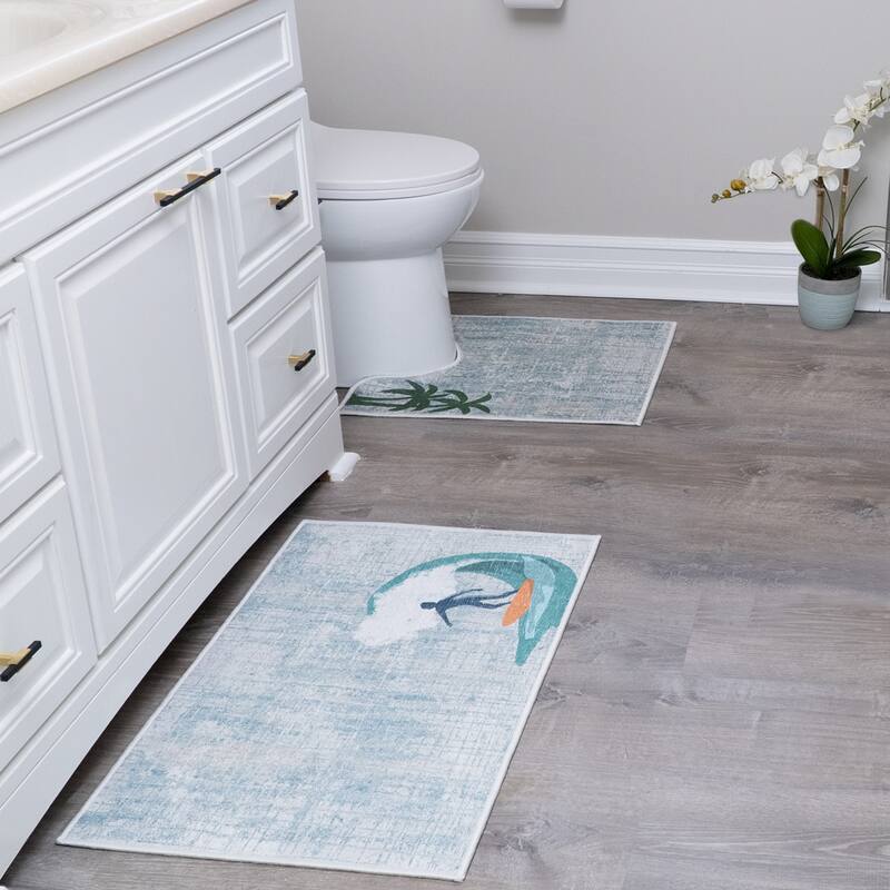 Toilet Mat Set - 2-Piece Designer Print Bathroom Contour Rugs Combo - Non Slip, Soft Cotton & Absorbent Floor Carpets