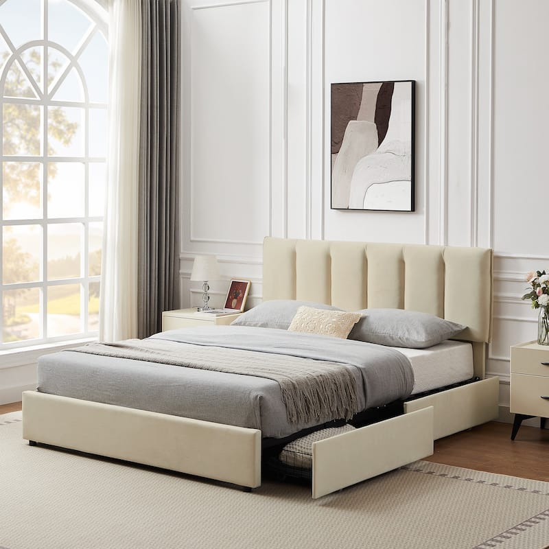 VECELO Bed Frame with 4 Storage Drawers, Upholstered Platform Bed Frame with Adjustable Headboard