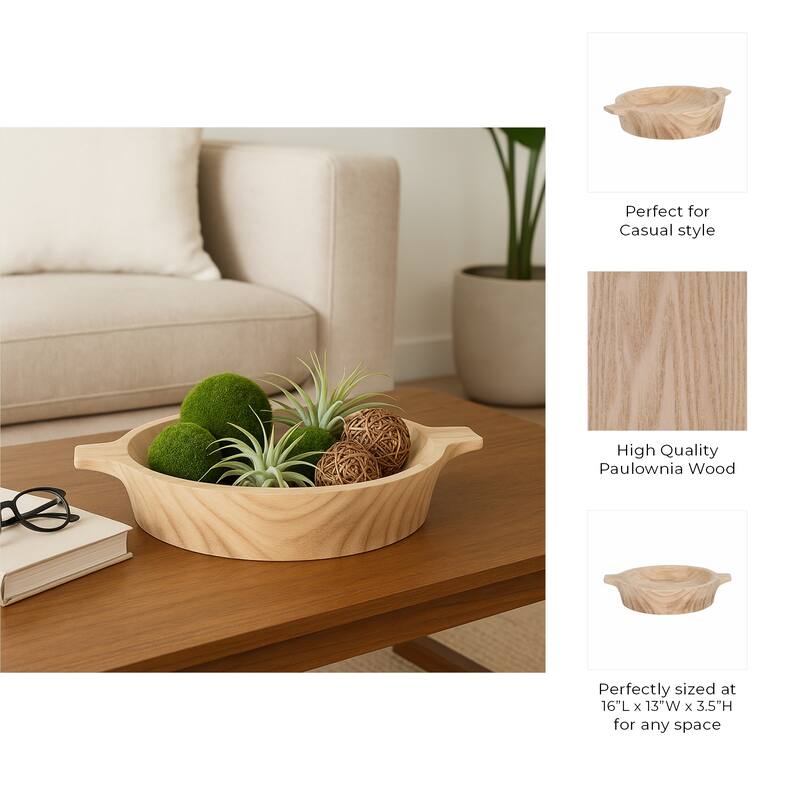 Oval Wooden Decorative Bowl with Handles - Home Decor - 16", Brown - 16.0"