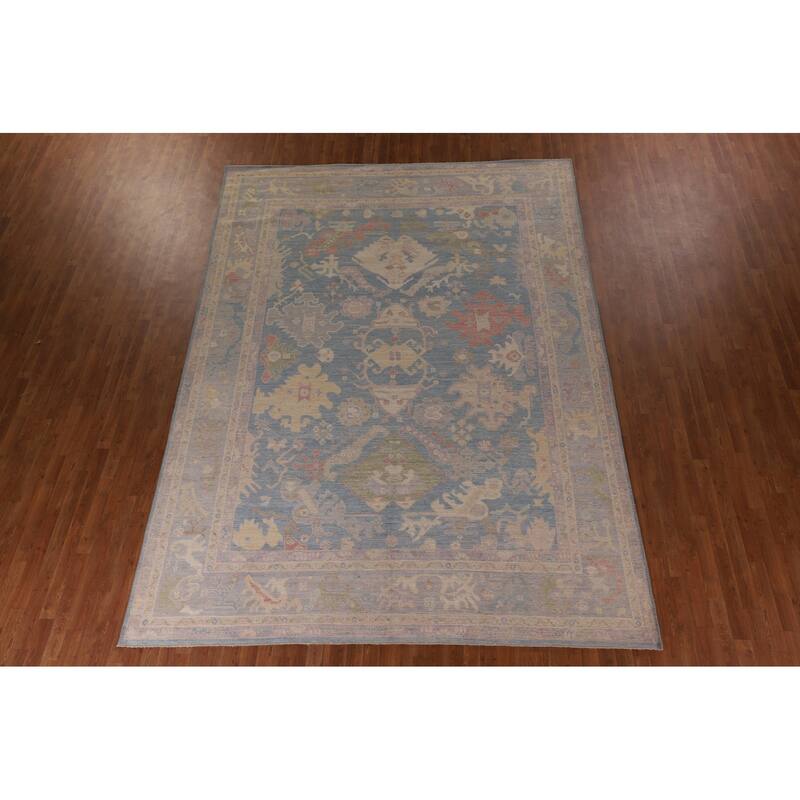 Blue Oushak Vegetable Dye Area Rug Hand-Knotted Wool Carpet - 9'0" x 12'2"