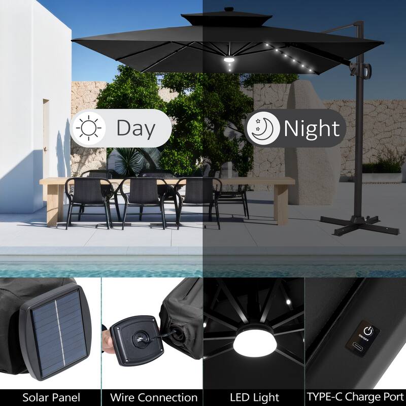 9 X 11 FT Outdoor Patio Cantilever Umbrella with Solar Lights Wheeled Base Double Canopy 360 Rotation Tilt