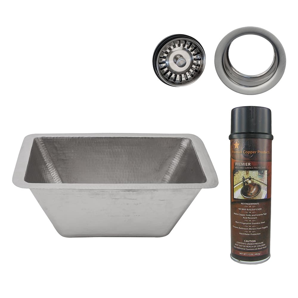 17" Rectangle Copper Prep Sink in Nickel w/ 3.5" Drain Opening, Matching Drain and Accessories