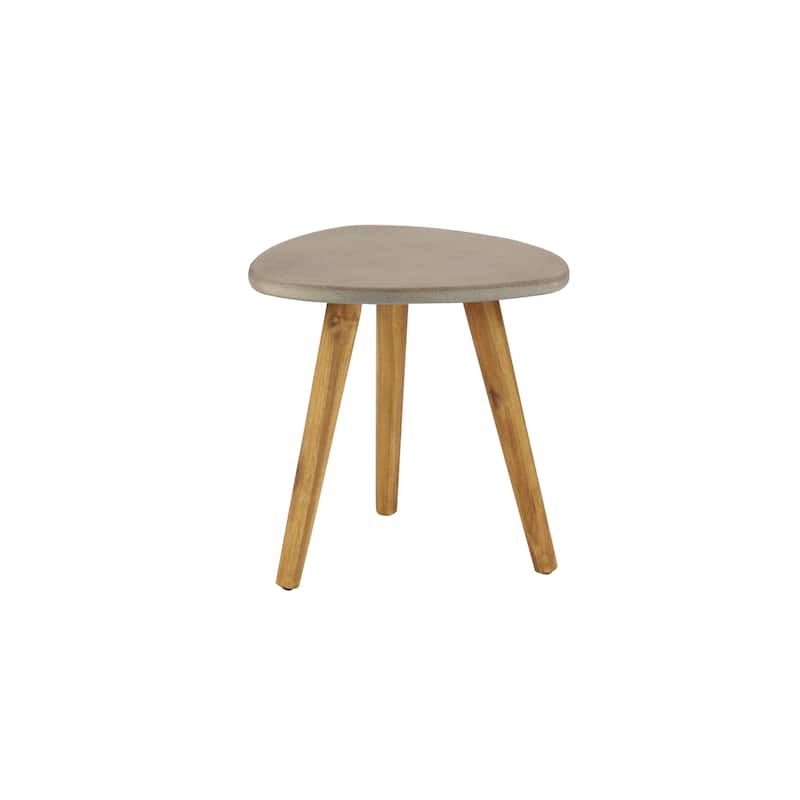 Gray Concrete Inspired Oval End Table Outdoor Accent Table with Brown Tapered Wood Legs