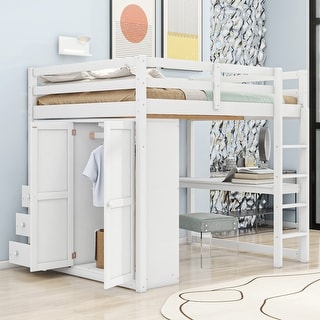 Full Size Loft Bed with Wardrobe, Desk, Shelves, Drawers, White, Wood Frame