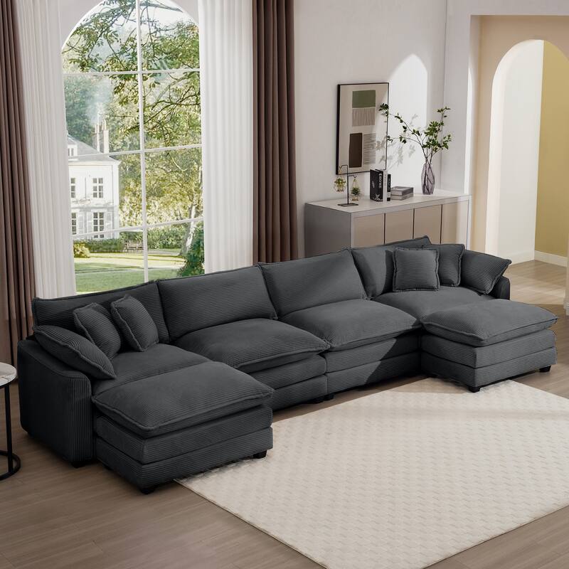 150" Corduroy Modular U-Shaped Sectional Sofa with Ottomans - Grey