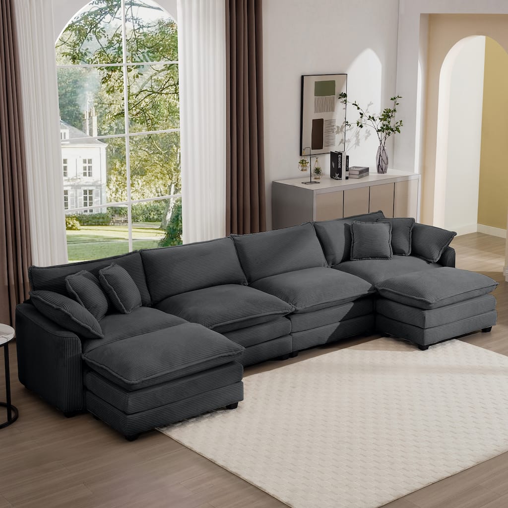 Grey 150" Corduroy Modular U-Shaped Sectional Sofa with 2 Ottomans