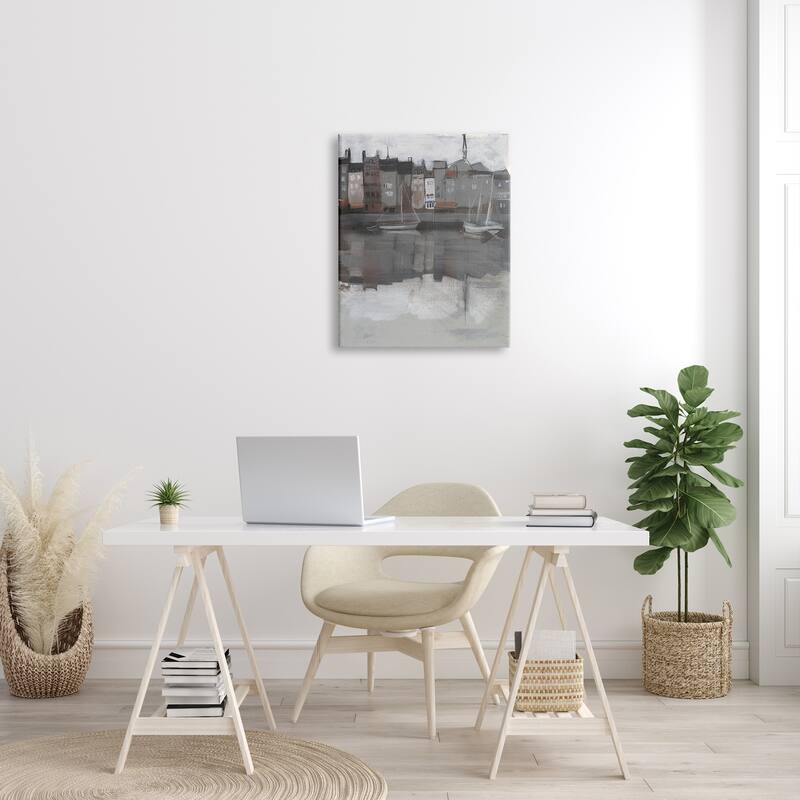 Stupell Dark Sailboat Seaport Murky Coastal City Landscape Canvas Wall Art - Grey