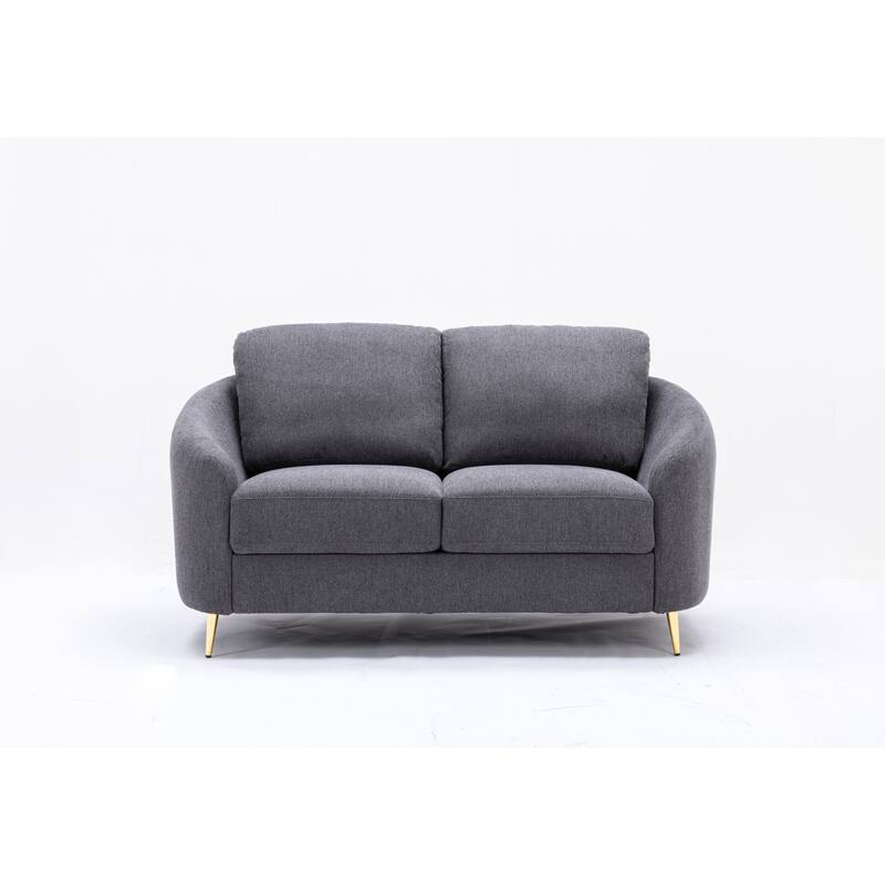 Gray Linen Loveseat Sofa with Gold Metal Legs and Plush Seat Cushions
