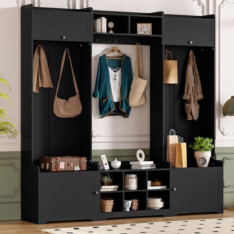 79.1'' Wide Modern Hall Tree with 8 Cubbies, 7 Coat Hooks & Adjustable Shelf