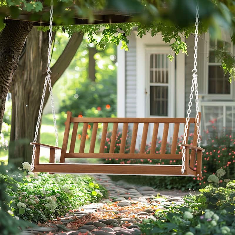 VEIKOUS Outdoor 5ft Wooden Hanging Patio Porch Swing for 3 Person with Chains - Natural