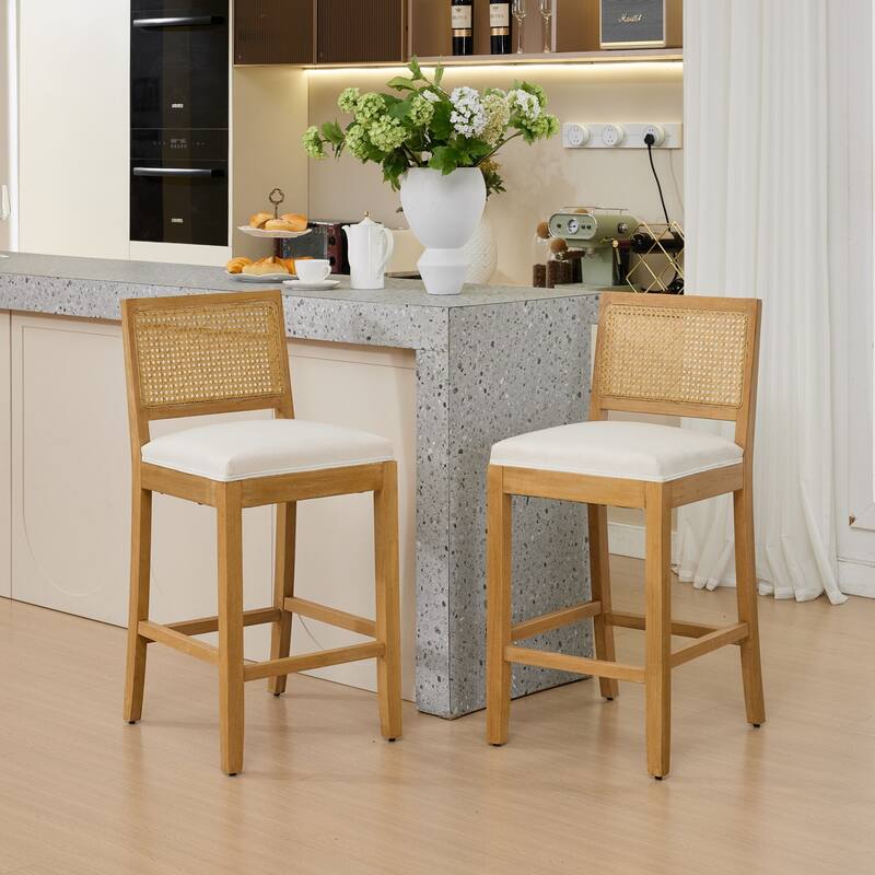 Linen Upholstered Full Solid Wood Bar Stools Set of 2, Bar Stool with Rattan Back, Breakfast Bar Chairs with Footstool