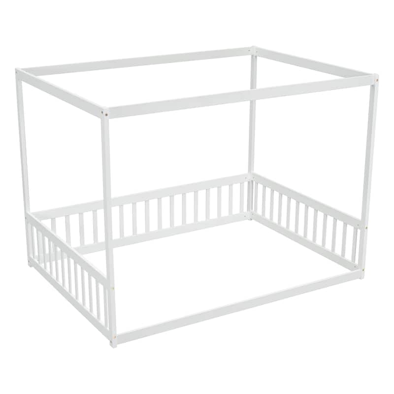 Canopy Frame Floor Bed with Fence and Guardrails