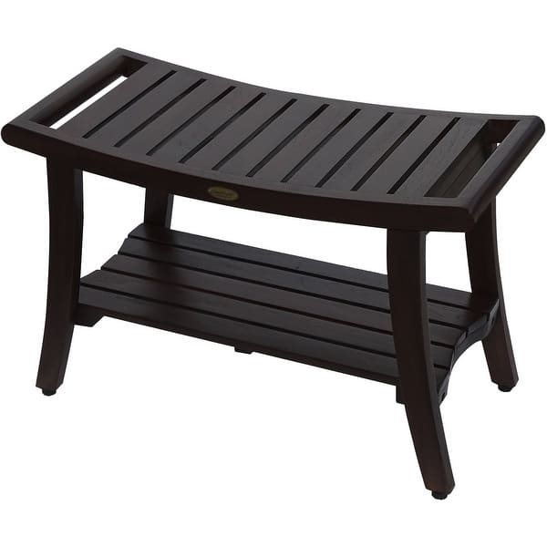 Compact Curvilinear Teak Shower or Outdoor Bench with Shelf in Brown Finish Compact Curvilinear Teak Shower or Outdoor Bench with Shelf in Brown Finish