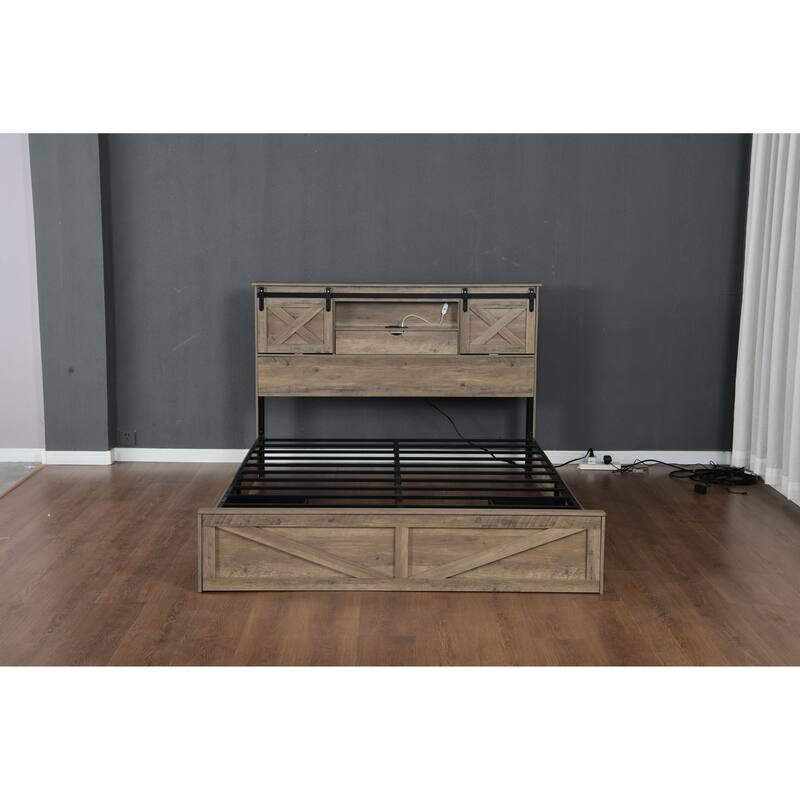 Queen Size Farmhouse Bed Frame with LED Lights, Charging Station, and Storage Drawers
