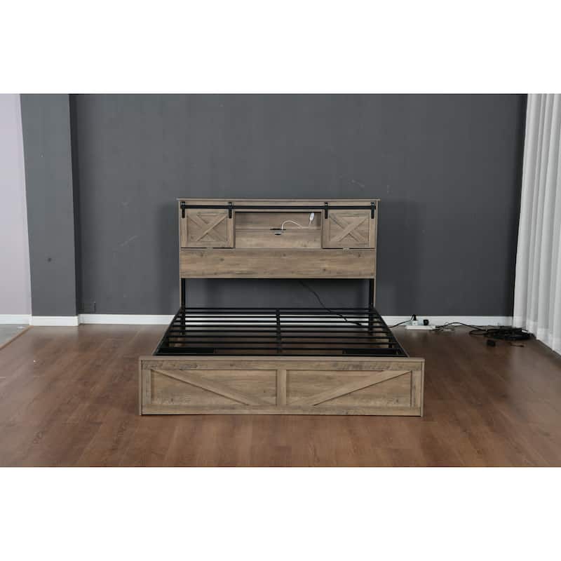 Queen Size Platform Bed with LED Headboard And Charging Station , Barn Door Design, App-Controlled RGB Lights