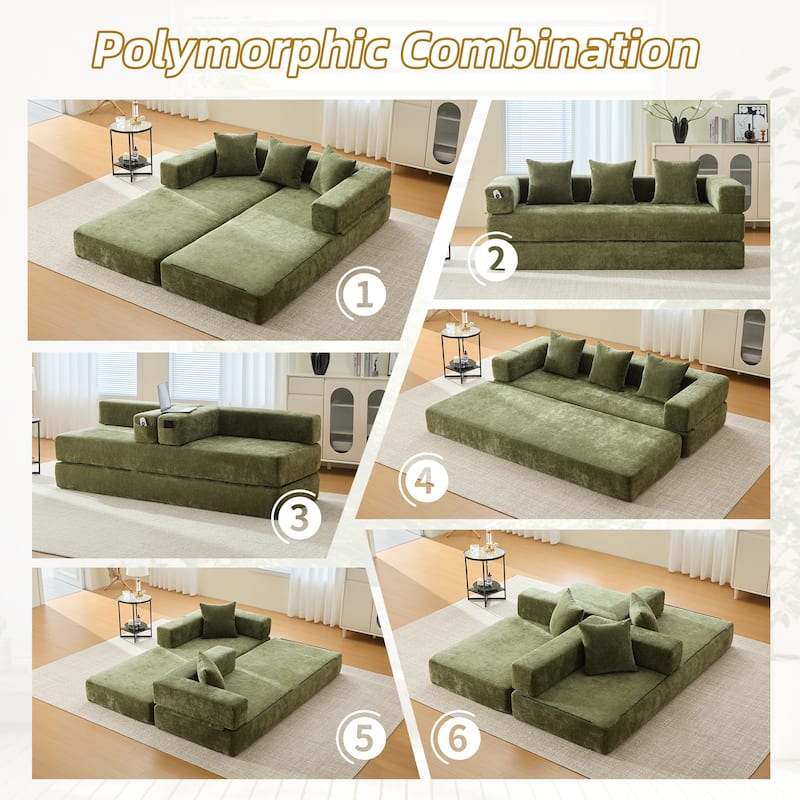HOMEFUN Chenille Upholstered Convertible Foldable Memory Foam Sleeper Sofa with Pillows for Living Room
