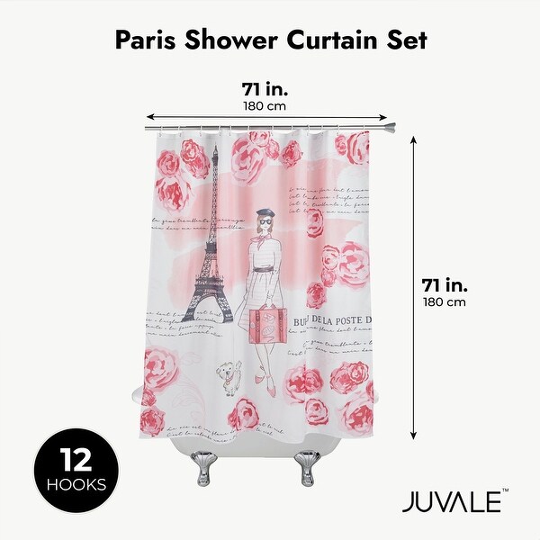 Eiffel Tower Shower Curtain - Vintage Paris Red Rose Stamp Design, Polyester Fabric With Hooks - Romantic Bathroom Decor 8 thumbnail image