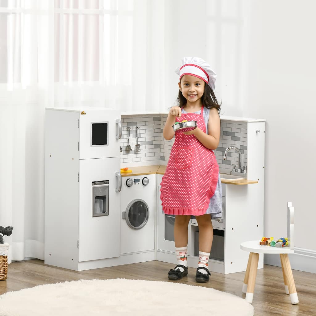 Qaba Corner Play Kitchen Set with Sound Effects and Tons of Countertop Space, Large Wooden Kitchen with Washing Machine