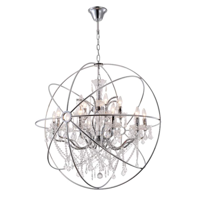 15-Light Chrome Cage Chandelier With Clear Hanging Crystals