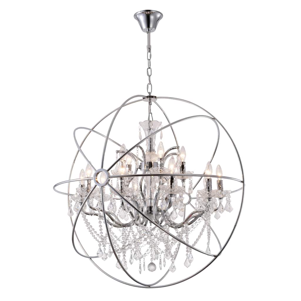 15-Light Chrome Cage Chandelier With Clear Hanging Crystals