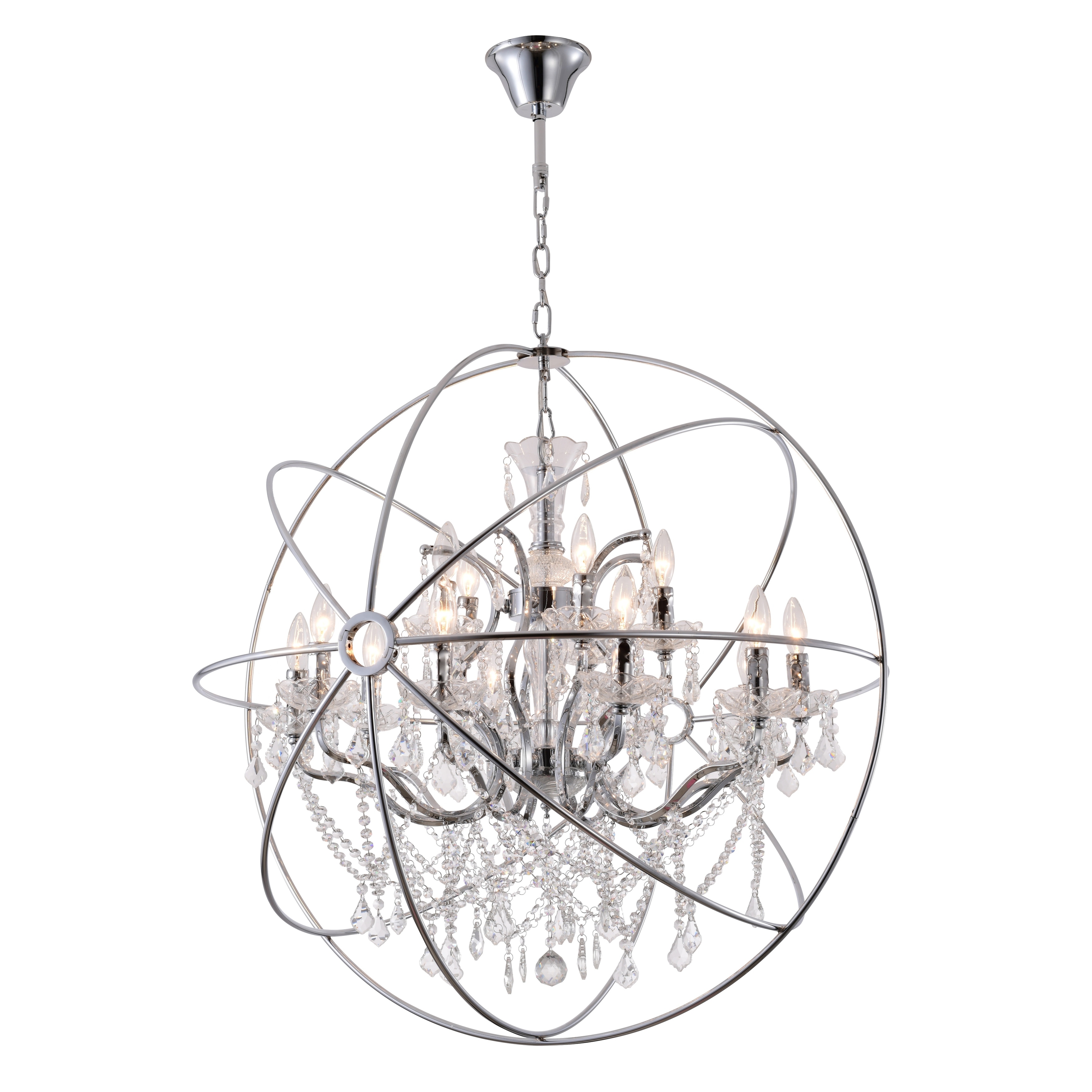 Modern 15-Light Chrome Cage Chandelier With Clear Hanging Crystals