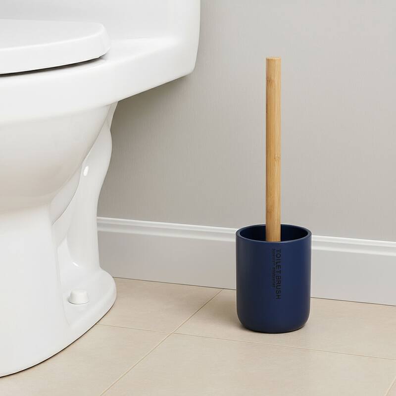 Chic Matte Toilet Brush Holder Set with Natural Bamboo Handle - 4 L x 4 W x 14.8 H - Navy Blue