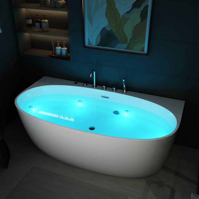 67 in. Freestanding Acrylic Whirlpool Bathtub with 6 Jets, Chromatherapy LED Lighting, 4-Hole Faucet Kit, Center Drain