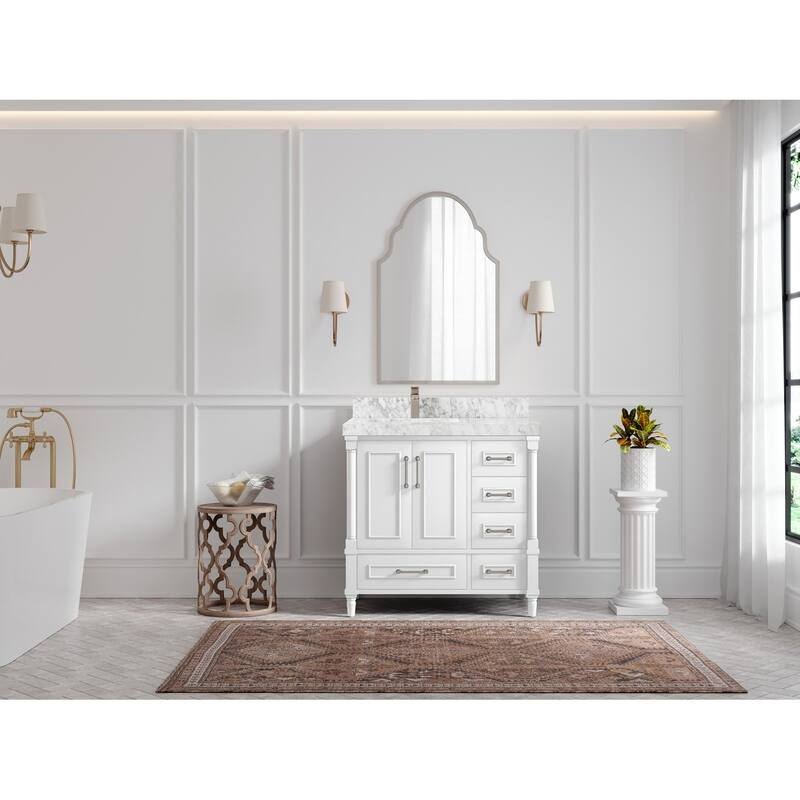Willow Collections 36 in. W x 22 in. D Aberdeen Left Offset Sink Bathroom Vanity with Countertop - 2" Carrara Marble - White