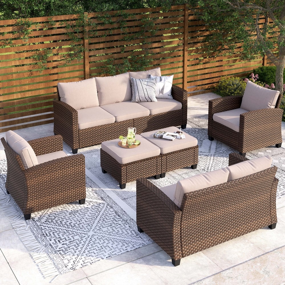 9-Seat Patio Furniture Wicker Rattan Outdoor High-back Sectional Sofa Conversation Set with Firepit Table