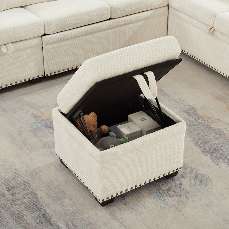 L-Shaped Chenille Sectional Sofa with Pull-Out Bed, Upholstered Convertible 7-Seater Sofa with Storage Ottoman & 2 Pillows