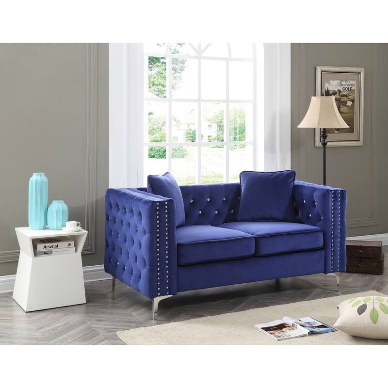 Soft Velvet Jeweled Buttoned Tufted Loveseat with Chrome Plated Legs