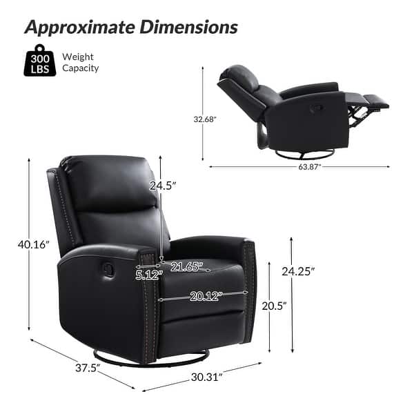 dimension image slide 6 of 12, Fiacro 30.31" Genuine Leather Wingback Swivel Rocker Recliner with Nailhead Trim