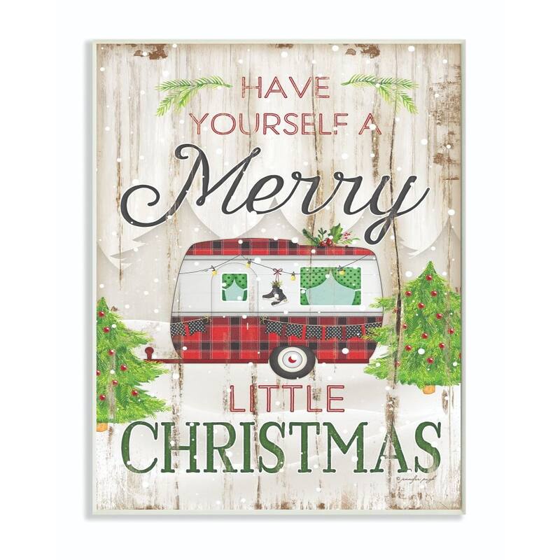 Stupell Merry Little Christmas Red Plaid Camper Wood Texture Holiday Word Design Wood Wall Art, Proudly Made in USA - 13 x 19
