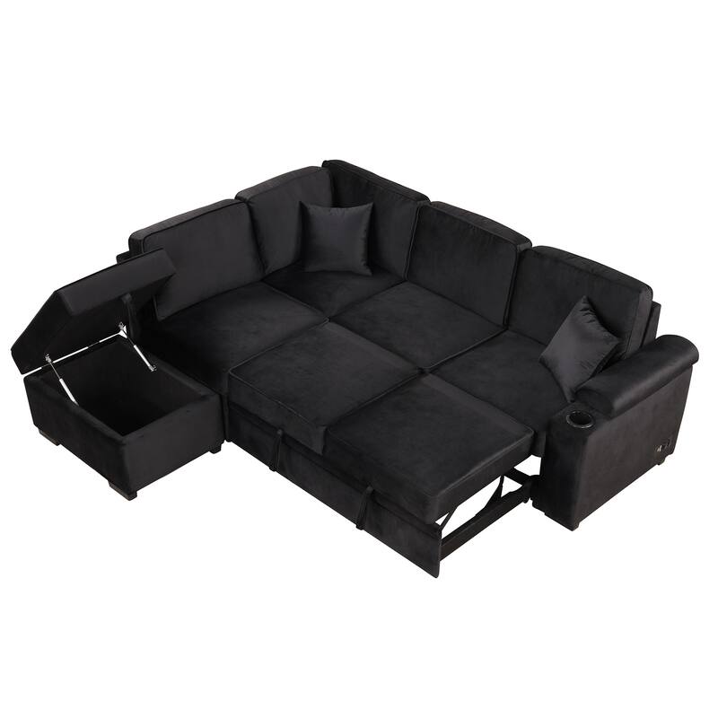 84.75" 2-in-1 Pull Out L Shape Velvet Sleeper Sofa Bed with Storage Ottoman, Black, for Living Spaces