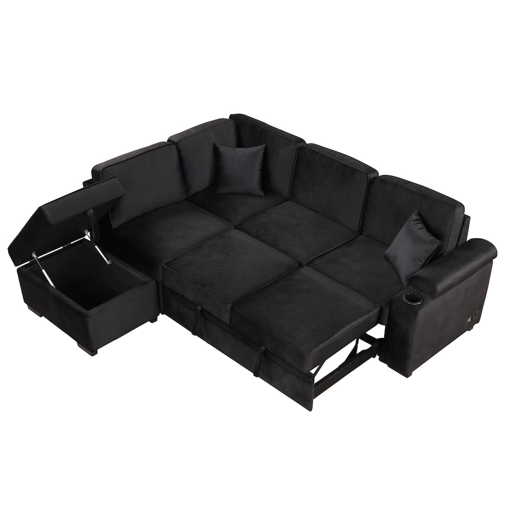 L-shape Black Folding Sleeper Couch Multifunctional 2-in-1 Sofa Bed with Storage Ottoman, Cup Holder, Pull Out Bed & USB Port