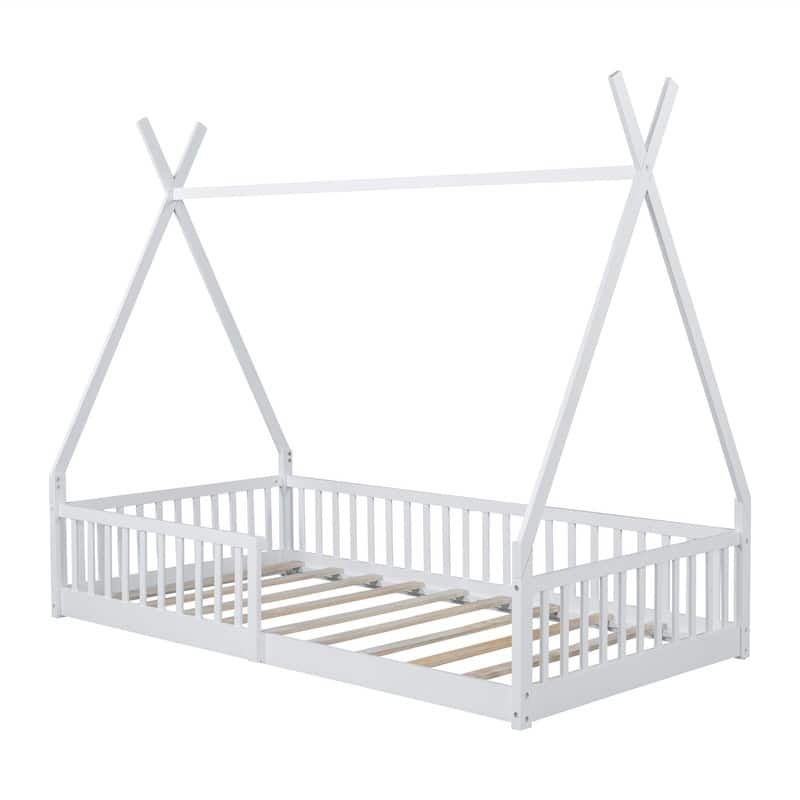 Twin Size House Floor Bed with Fence, Wooden House Shaped Montessori Bed with Triangulat Design for Kids