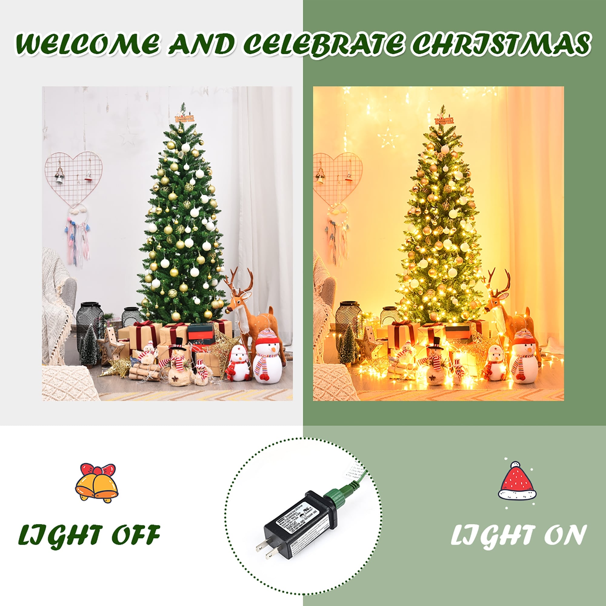 5FT 6FT Artificial Christmas Tree Hinged Fir Pencil Tree with Lights-image