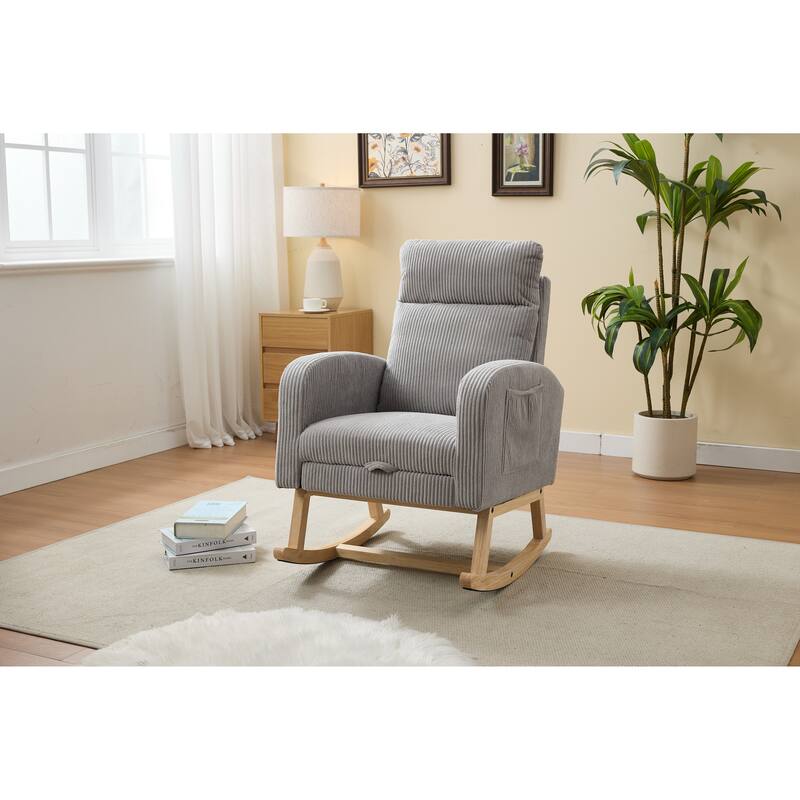 Rocking Chair with Wood Legs, Upholstered Nursery Glider Rocker, Comfy Armchair with Side Pocket, Living Room Lounge Arm Chair