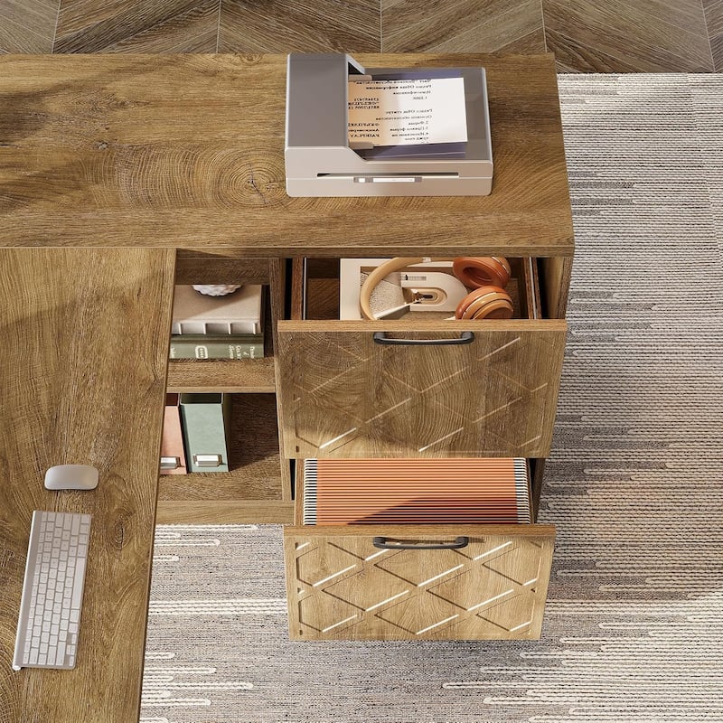 63" L-Shaped Executive Desk, Large Office Desk with File Cabinets and Shelves, Farmhouse Wooden Business Furniture
