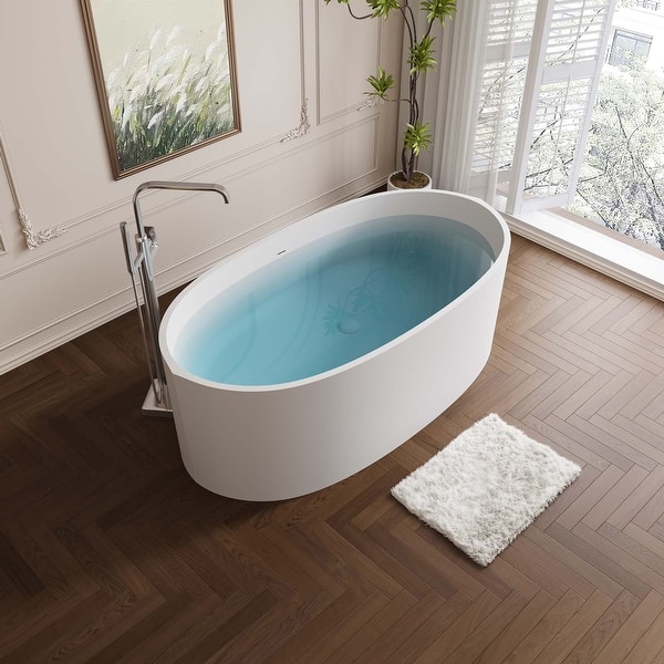 65 in. x 29.5 in. Freestanding Soaking Solid Surface Bathtub with Center Drain in Matte White