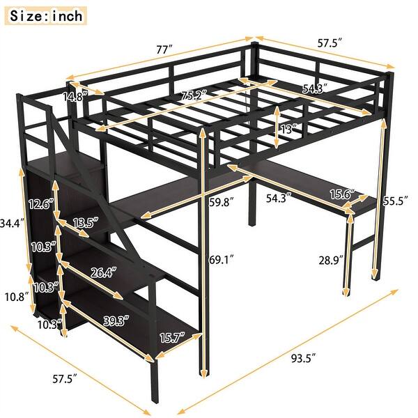 dimension image slide 1 of 3, Metal Loft Bed with L-Shaped Desk and Wardrobe, Twin XL/Full/Full XL Size Loft Bedframe with Adjustable Shelf, LED and USB Port