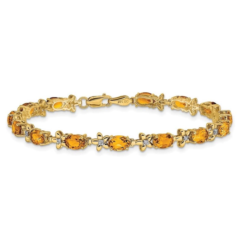 Curata Yellow or White 14k Gold 4.5mm 7" Gemstone and Diamond Flower Bracelet
