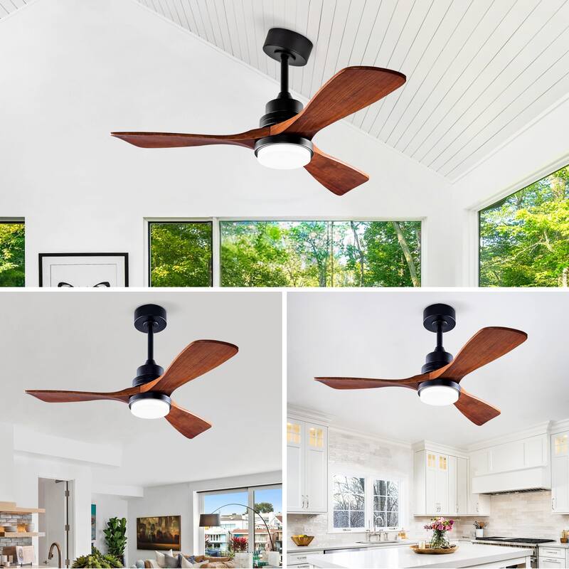 42 Inch Modern Ceiling Fan With 3 Color Dimmable 3 Solide Wood Blades Remote Control Reversible DC Motor With Led Light
