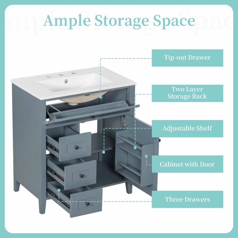 Bathroom Vanity with Sink, Modern MDF and Rubberwood Cabinet with 3 Drawers and Adjustable Shelf