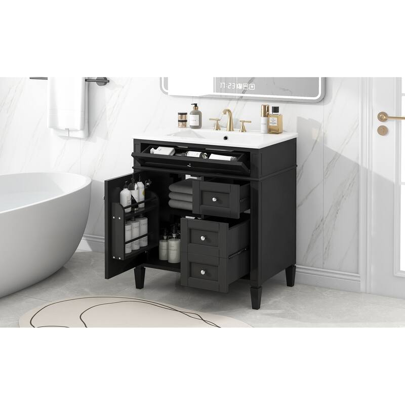 GDFStudio - Caldwell Modern Bathroom Vanity with Ceramic Sink, 2 Storage Drawers and Tip-Out Organizer - 30'W