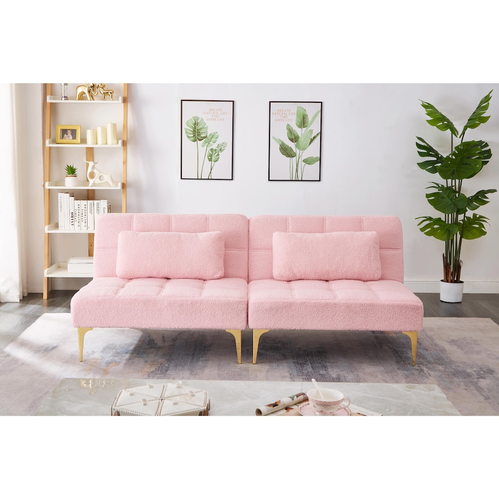 Convertible Sofa Bed Futon with Gold Metal Legs in Teddy Fabric