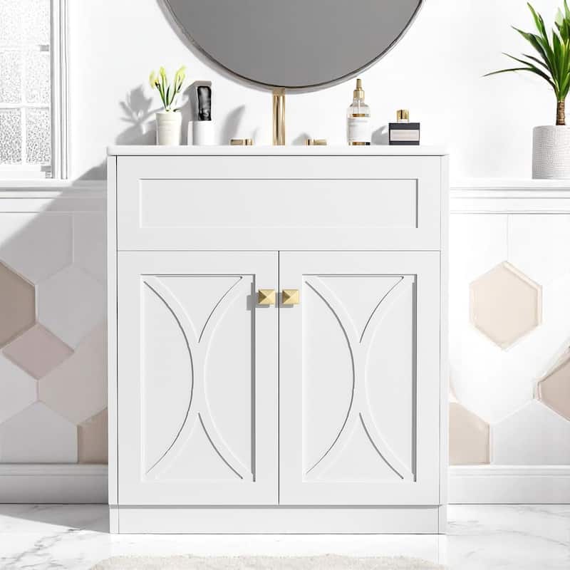 30 Inch Modern Bathroom Vanity with Sink, Solid Wood Frame, Undermount Basin, Storage Rack & 2 Doors - White