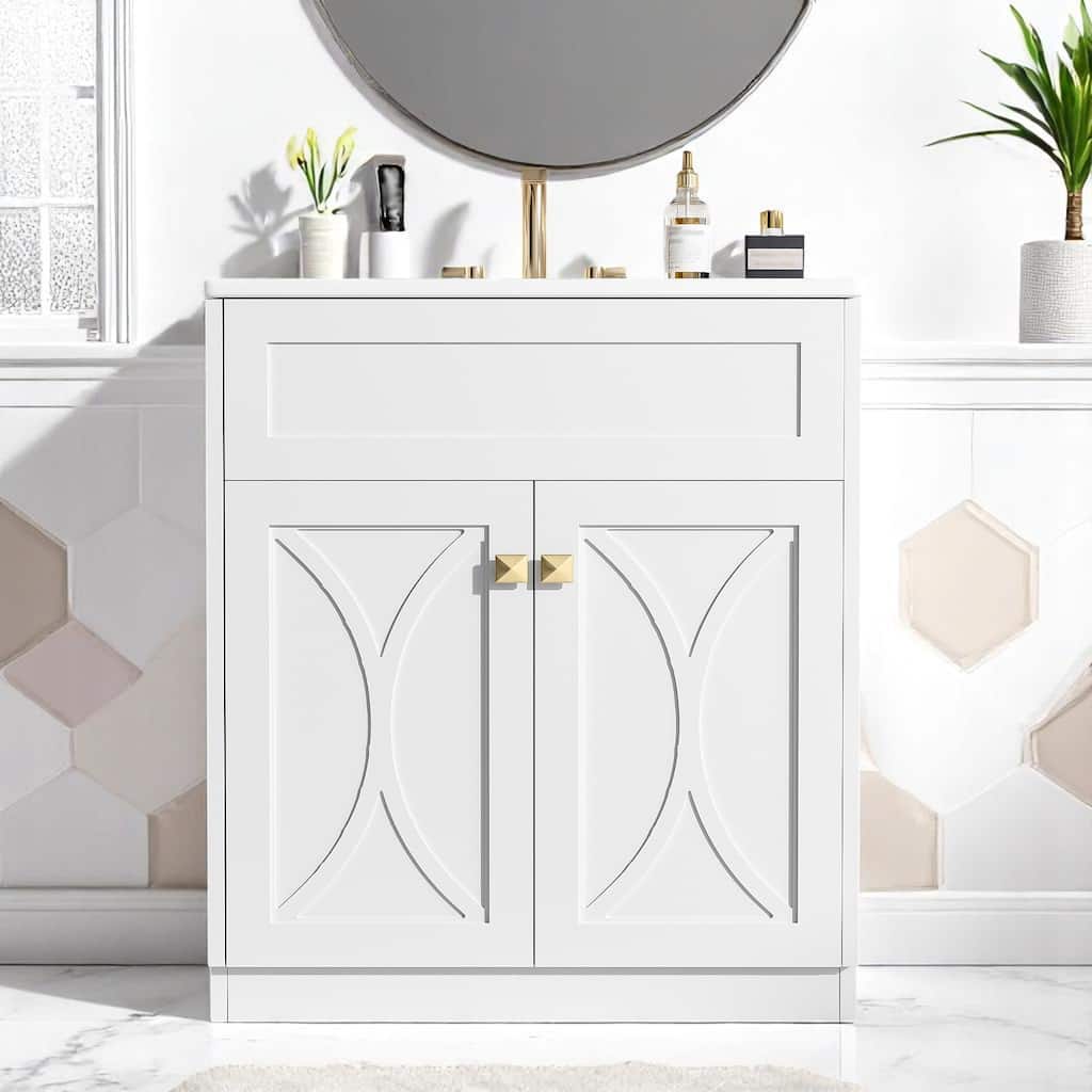 30 Inch Modern Bathroom Vanity with Sink, Solid Wood Frame, Undermount Basin, Storage Rack & 2 Doors