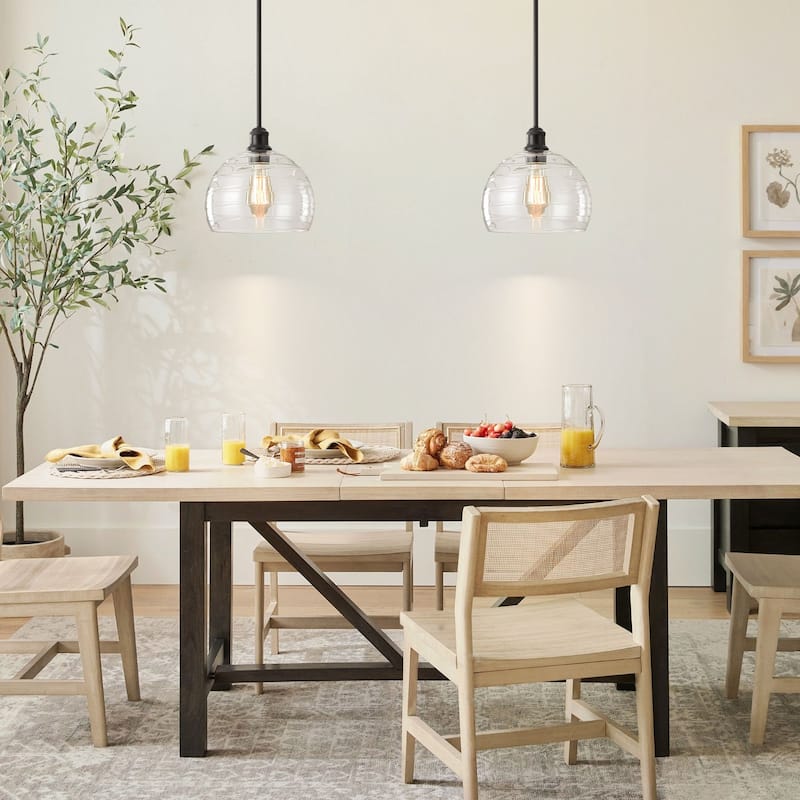 1-Light Modern Black Ribbed Glass Dome Kitchen Island Pendant Light - 9.06 in. W x 9.45 in. H